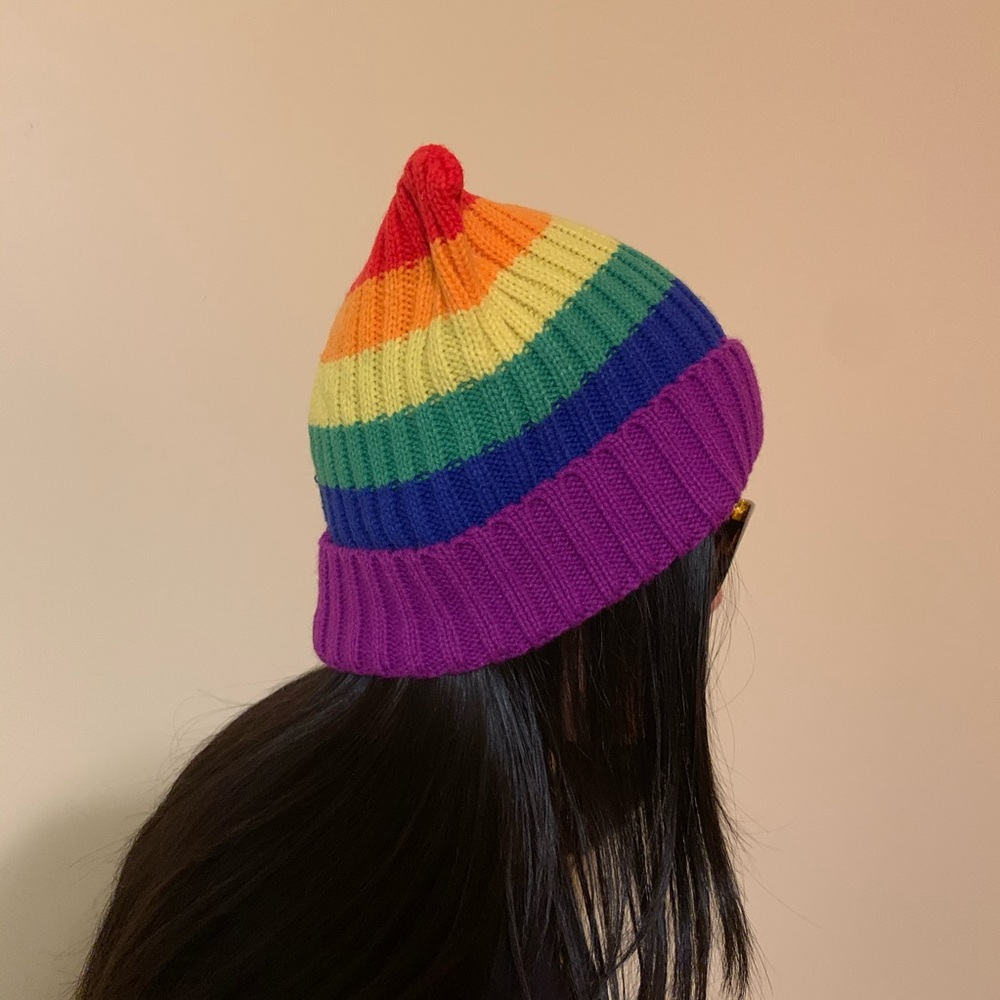 Rainbow knit beanie hat
